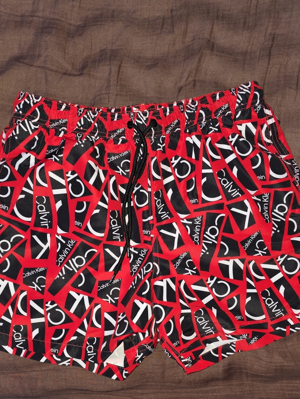 Calvin Klein Red, Black & White Logo Print Swim Shorts